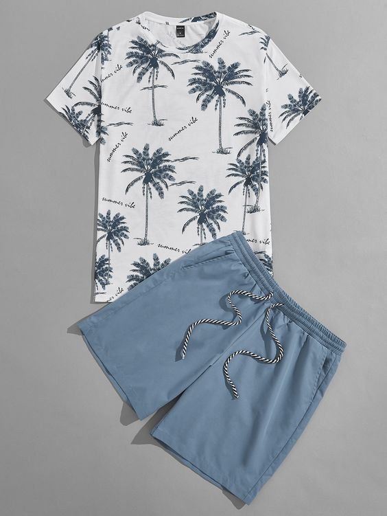 Men Palm Tree Letter Graphic Tee And Drawstring Waist Shorts