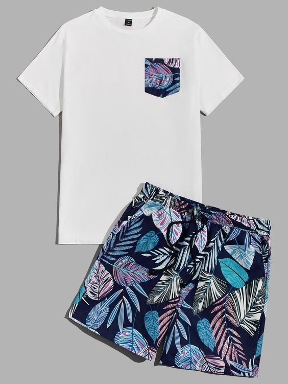 Men Pocket Front Tee &Tropical Print Shorts Set