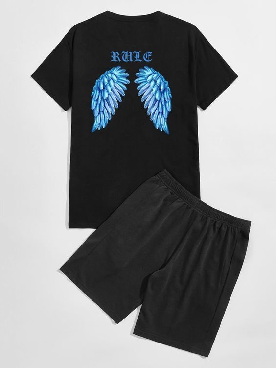 Men Wings Letter Graphic Tee & Track Shorts